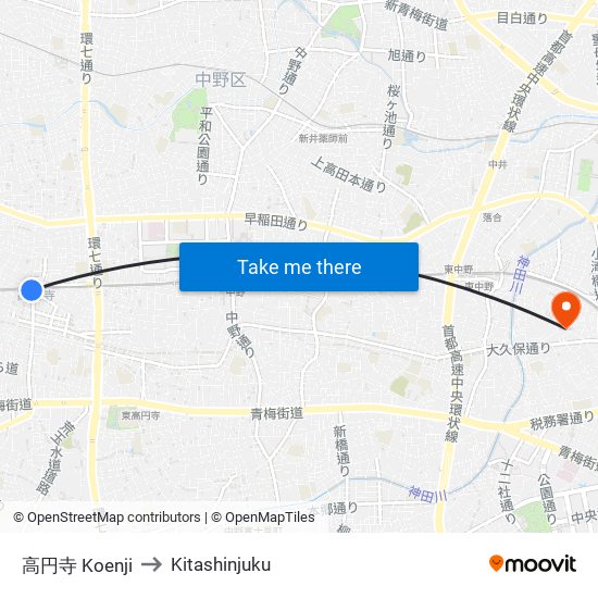 高円寺 Koenji to Kitashinjuku map