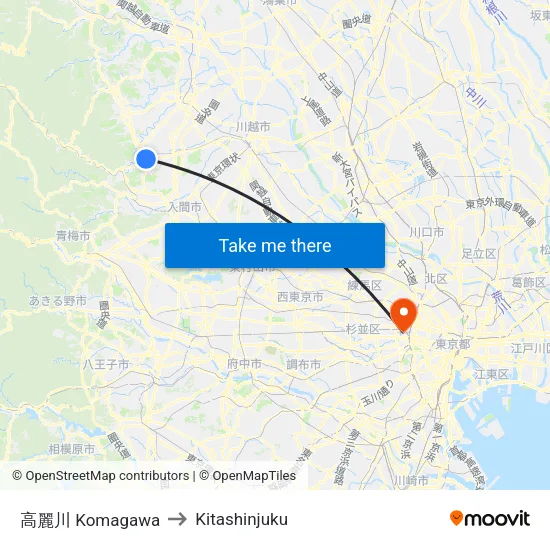 高麗川 Komagawa to Kitashinjuku map