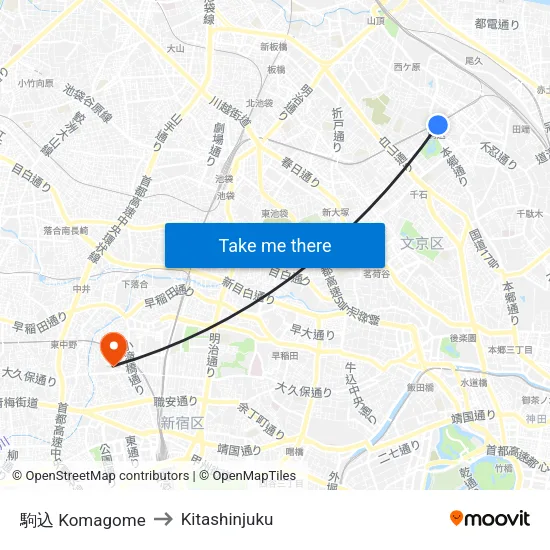 駒込 Komagome to Kitashinjuku map