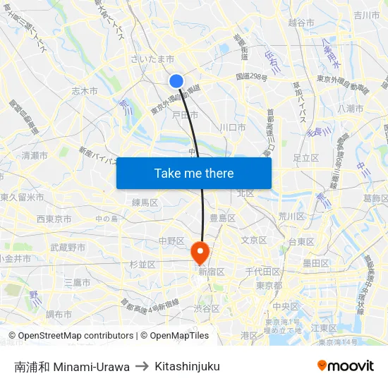 Minami-Urawa to Kitashinjuku map