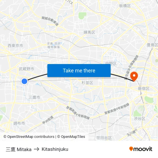Mitaka to Kitashinjuku map