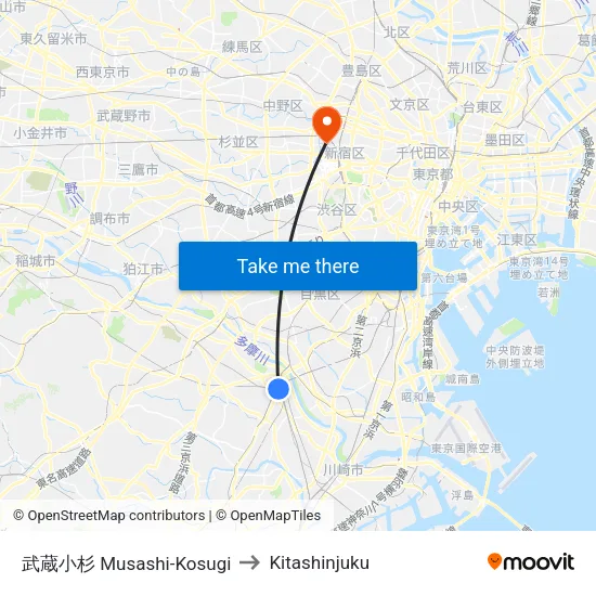 Musashi-Kosugi to Kitashinjuku map