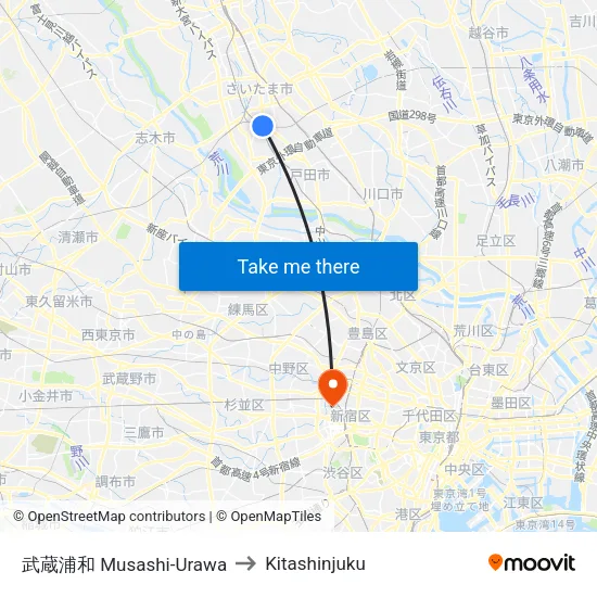武蔵浦和 Musashi-Urawa to Kitashinjuku map