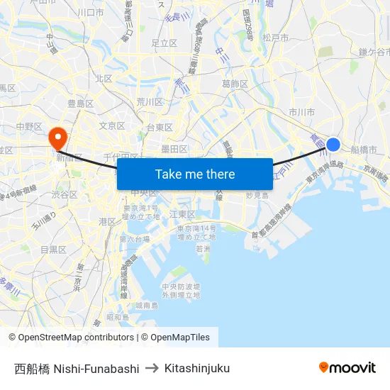 西船橋 Nishi-Funabashi to Kitashinjuku map