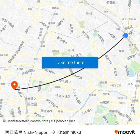 西日暮里 Nishi-Nippori to Kitashinjuku map