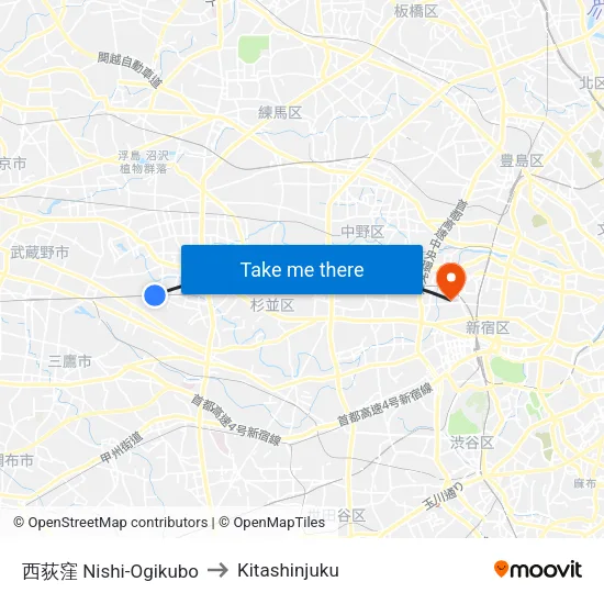 西荻窪 Nishi-Ogikubo to Kitashinjuku map