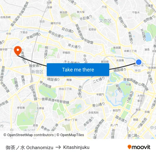 御茶ノ水 Ochanomizu to Kitashinjuku map