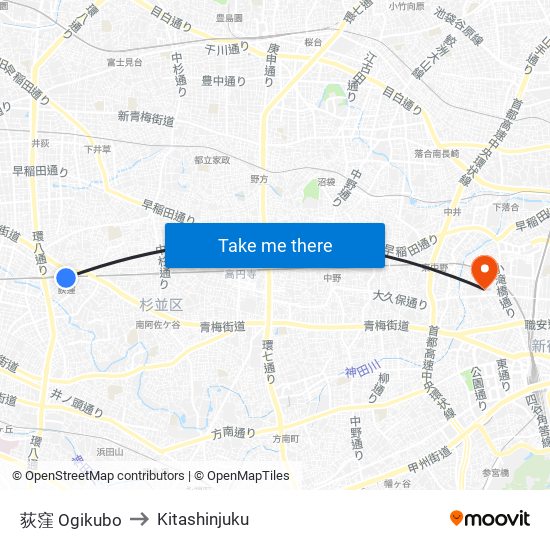 荻窪 Ogikubo to Kitashinjuku map