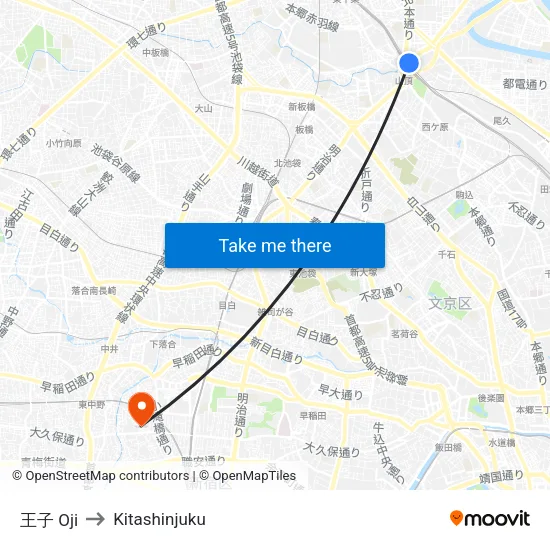 Oji to Kitashinjuku map