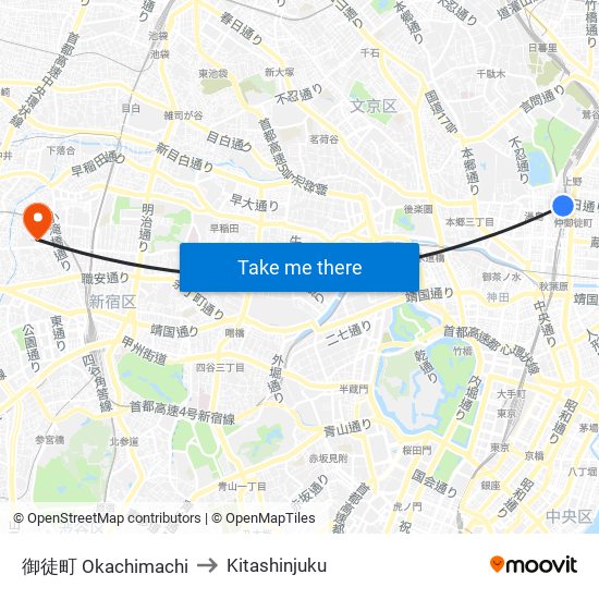 御徒町 Okachimachi to Kitashinjuku map