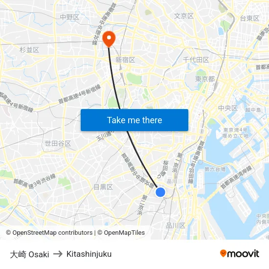 大崎 Osaki to Kitashinjuku map