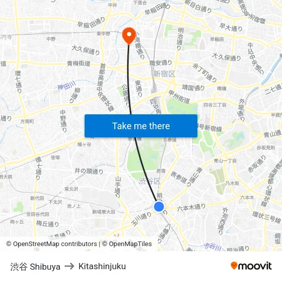 渋谷 Shibuya to Kitashinjuku map