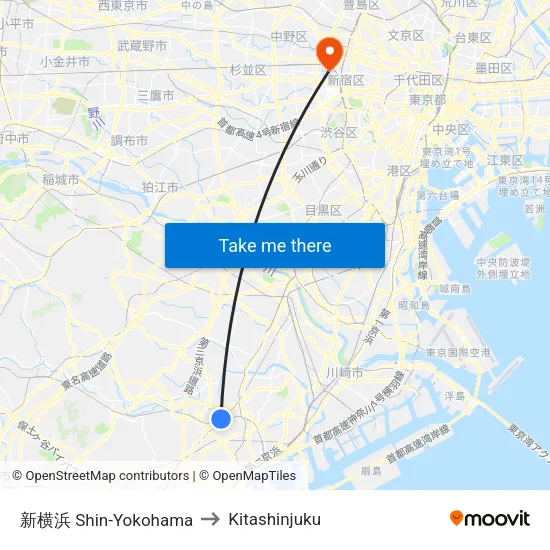 新横浜 Shin-Yokohama to Kitashinjuku map