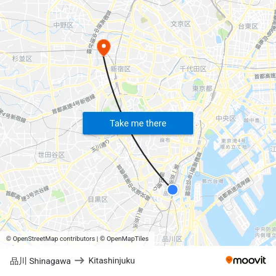 品川 Shinagawa to Kitashinjuku map
