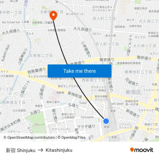 新宿 Shinjuku to Kitashinjuku map