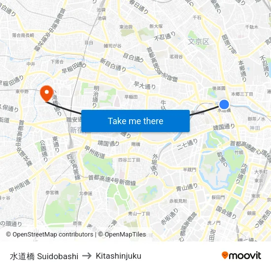 Suidobashi to Kitashinjuku map