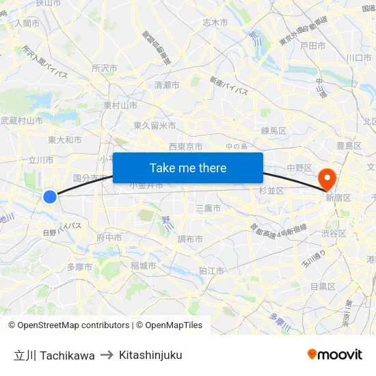Tachikawa to Kitashinjuku map