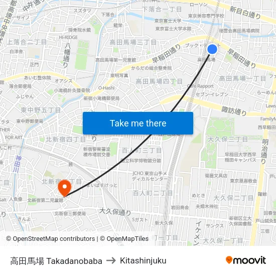 高田馬場 Takadanobaba to Kitashinjuku map