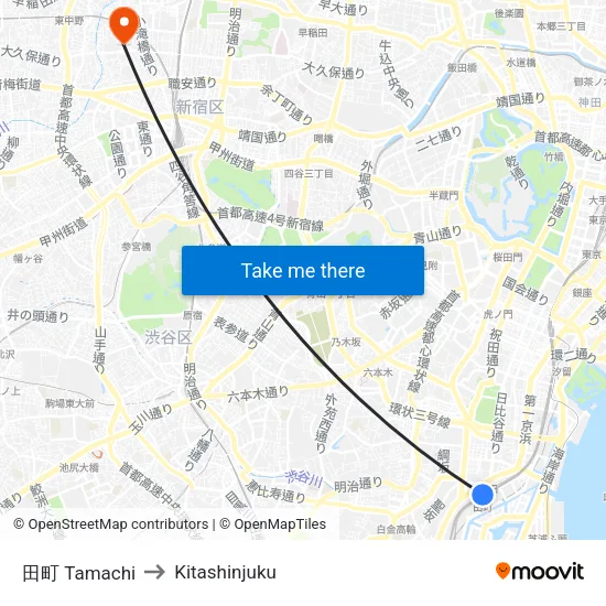 田町 Tamachi to Kitashinjuku map