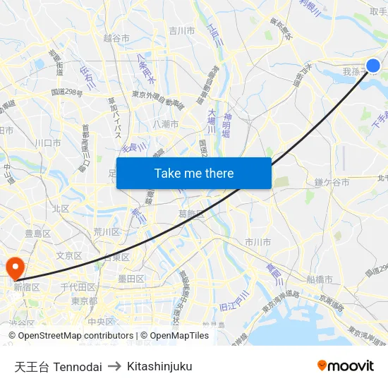 天王台 Tennodai to Kitashinjuku map