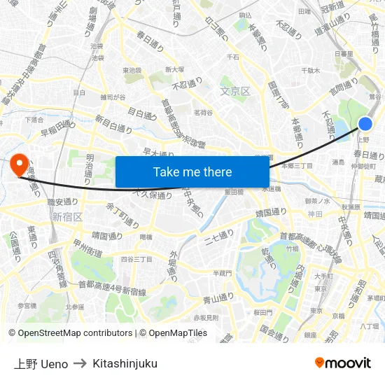 上野 Ueno to Kitashinjuku map