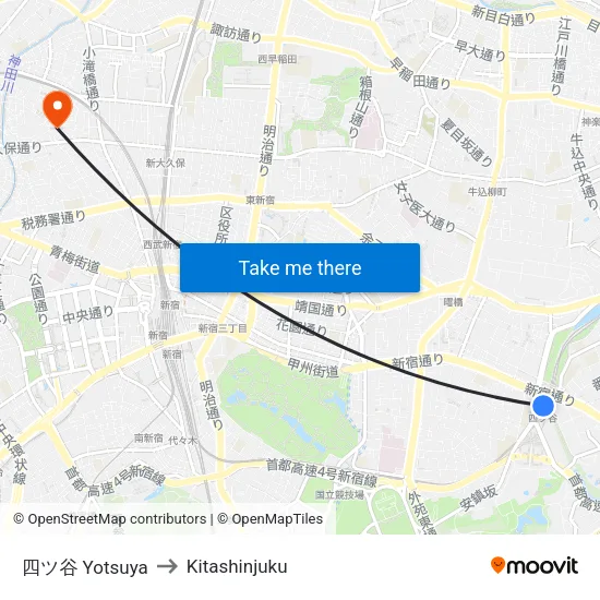 Yotsuya to Kitashinjuku map