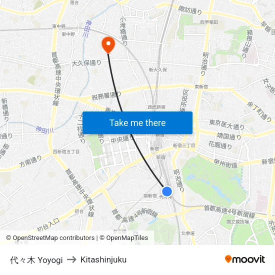 代々木 Yoyogi to Kitashinjuku map