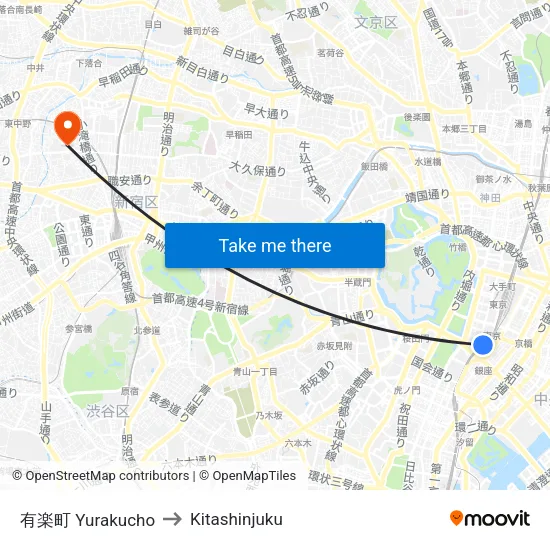 有楽町 Yurakucho to Kitashinjuku map