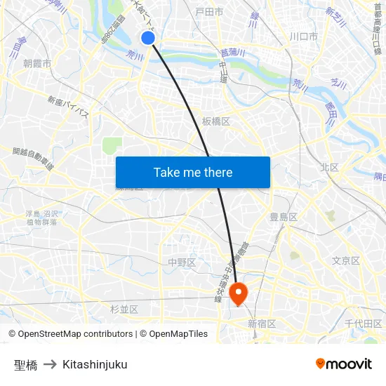 Hijiri Bridge to Kitashinjuku map