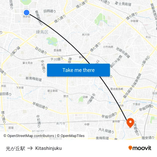 Hikarigaoka Station to Kitashinjuku map
