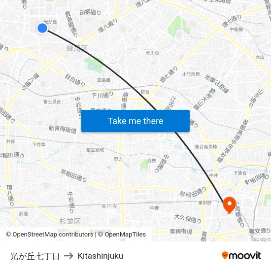 光が丘七丁目 to Kitashinjuku map