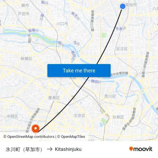 氷川町（草加市） to Kitashinjuku map