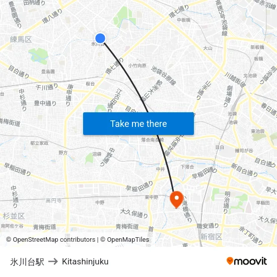 Hikawadai Station to Kitashinjuku map