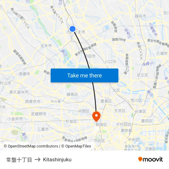 Tokiwa 10th Block to Kitashinjuku map