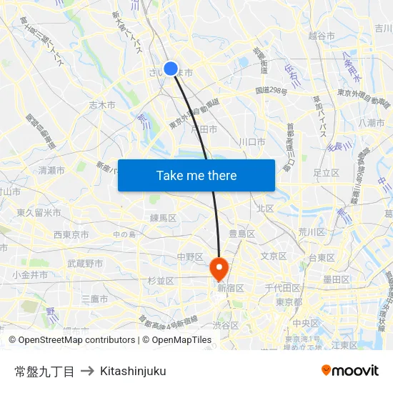 常盤九丁目 to Kitashinjuku map