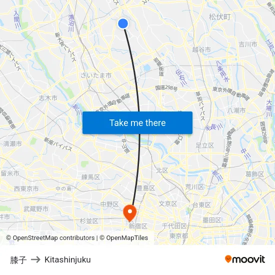 膝子 to Kitashinjuku map