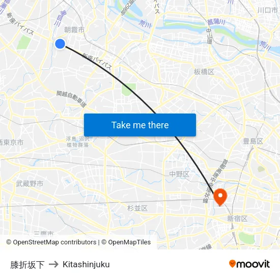 膝折坂下 to Kitashinjuku map