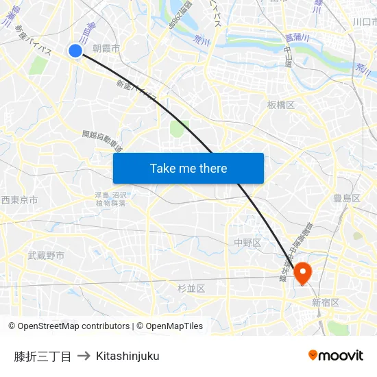 膝折三丁目 to Kitashinjuku map