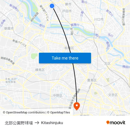 北部公園野球場 to Kitashinjuku map