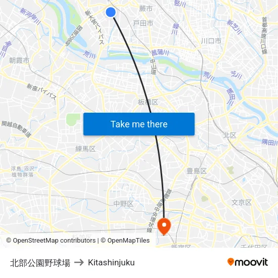 北部公園野球場 to Kitashinjuku map
