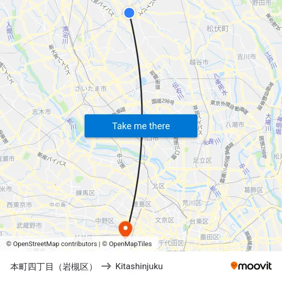 Honcho 4-chome (Iwatsuki) to Kitashinjuku map