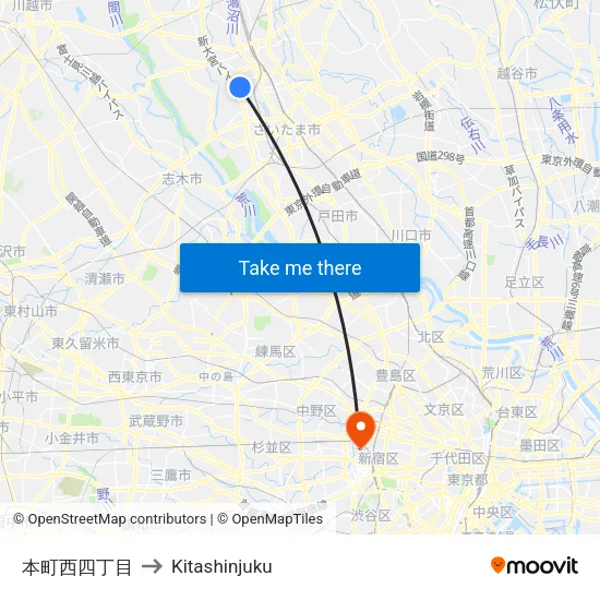 本町西四丁目 to Kitashinjuku map