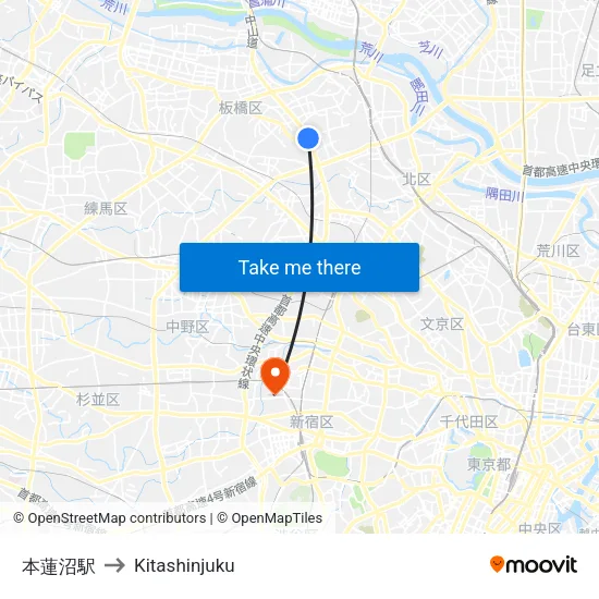 本蓮沼駅 to Kitashinjuku map