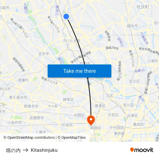 Horinouchi to Kitashinjuku map