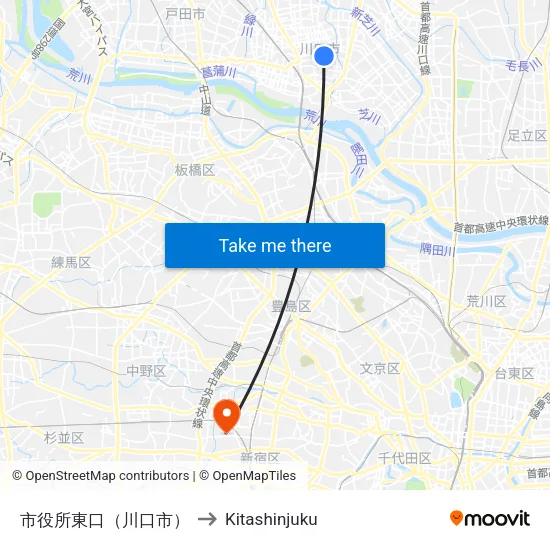 市役所東口（川口市） to Kitashinjuku map