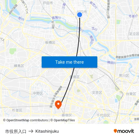 市役所入口 to Kitashinjuku map