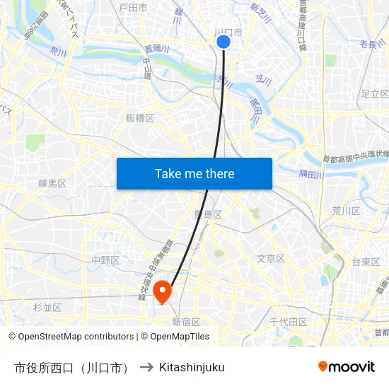 市役所西口（川口市） to Kitashinjuku map