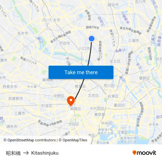 Showa Bridge to Kitashinjuku map