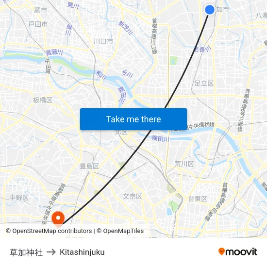 Soka Shrine to Kitashinjuku map