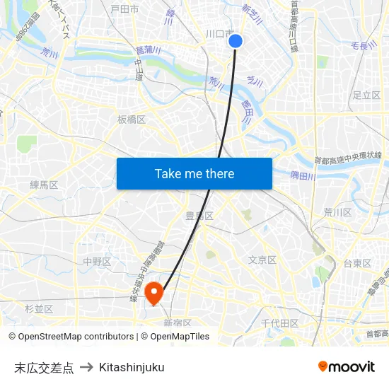 末広交差点 to Kitashinjuku map